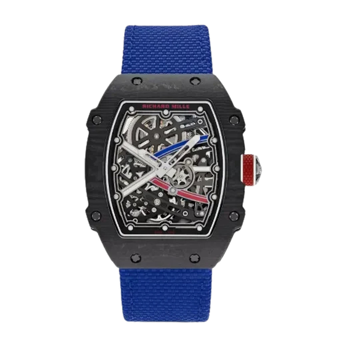 RM67-02 — black carbon case, blue strap, front view