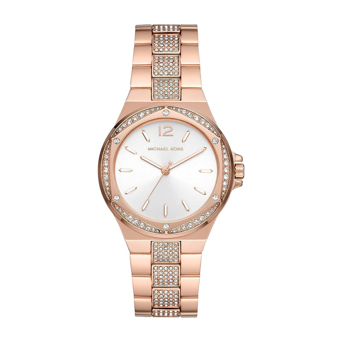 Michael Kors Lennox MK7361 — rose gold-tone case, pavé bezel, front view