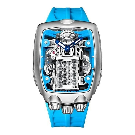 Bugatti Chiron Tourbillon — titanium-tone tonneau case, W16 engine skeleton dial, blue strap, front view