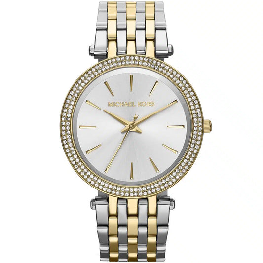 Michael Kors Darci MK3215 two-tone women's watch with pave crystal bezel and silver dial