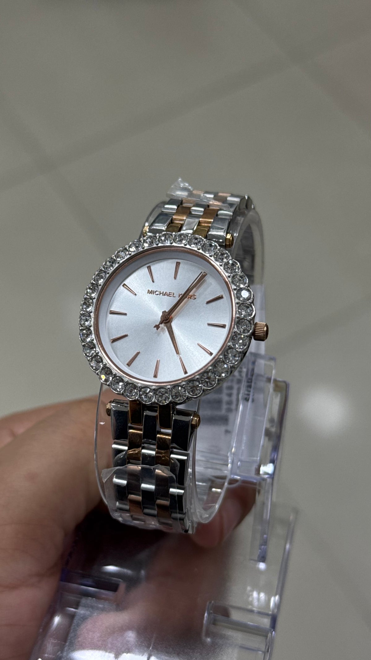 Michael Kors Darci in hand - crystal bezel and silver sunray dial