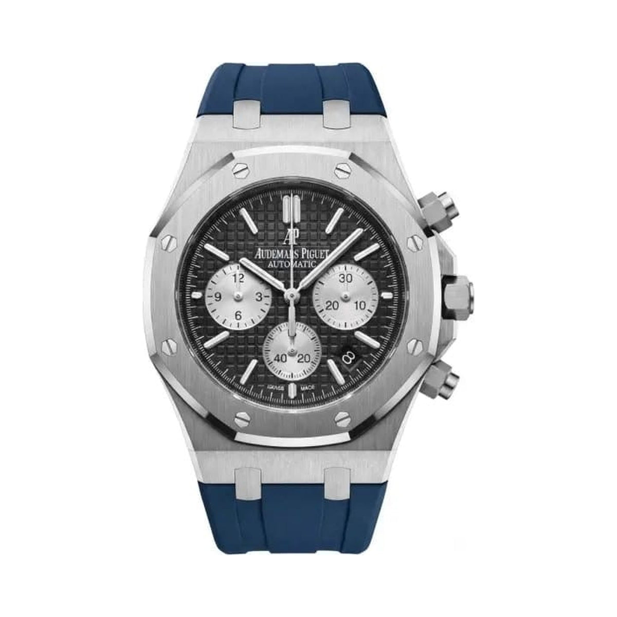 Royal Oak chronograph — steel case, blue rubber strap, front view