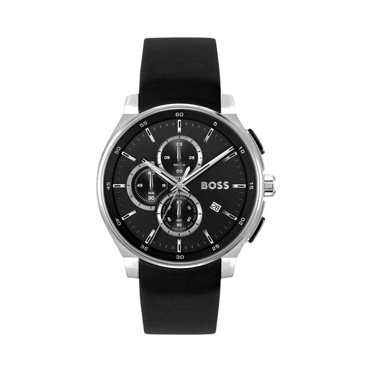 BOSS chronograph — black dial, leather strap, front view