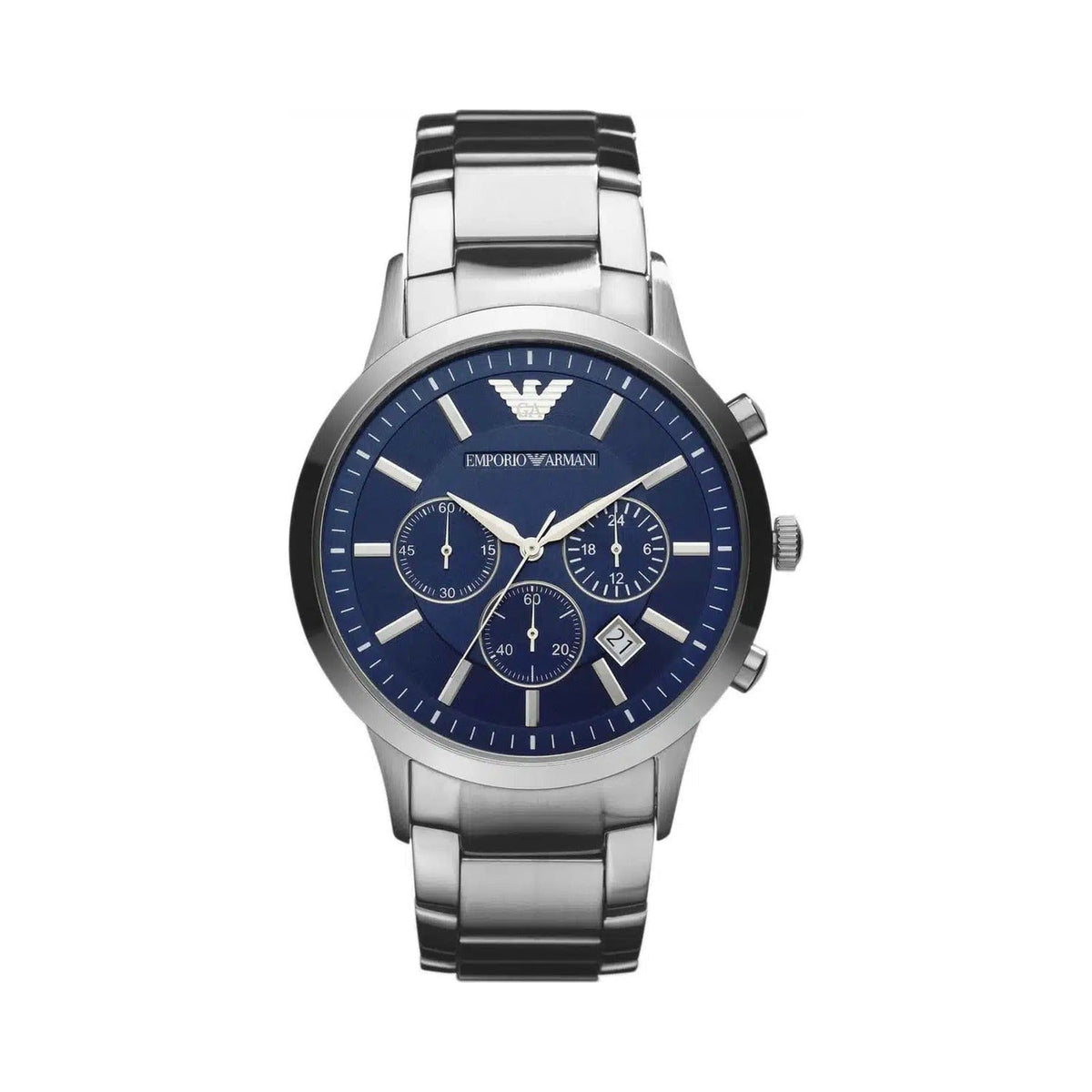 Emporio Armani AR2448 — steel case, blue chronograph dial, front view