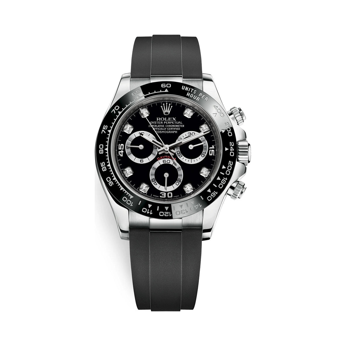 Daytona — steel case, black dial, front view
