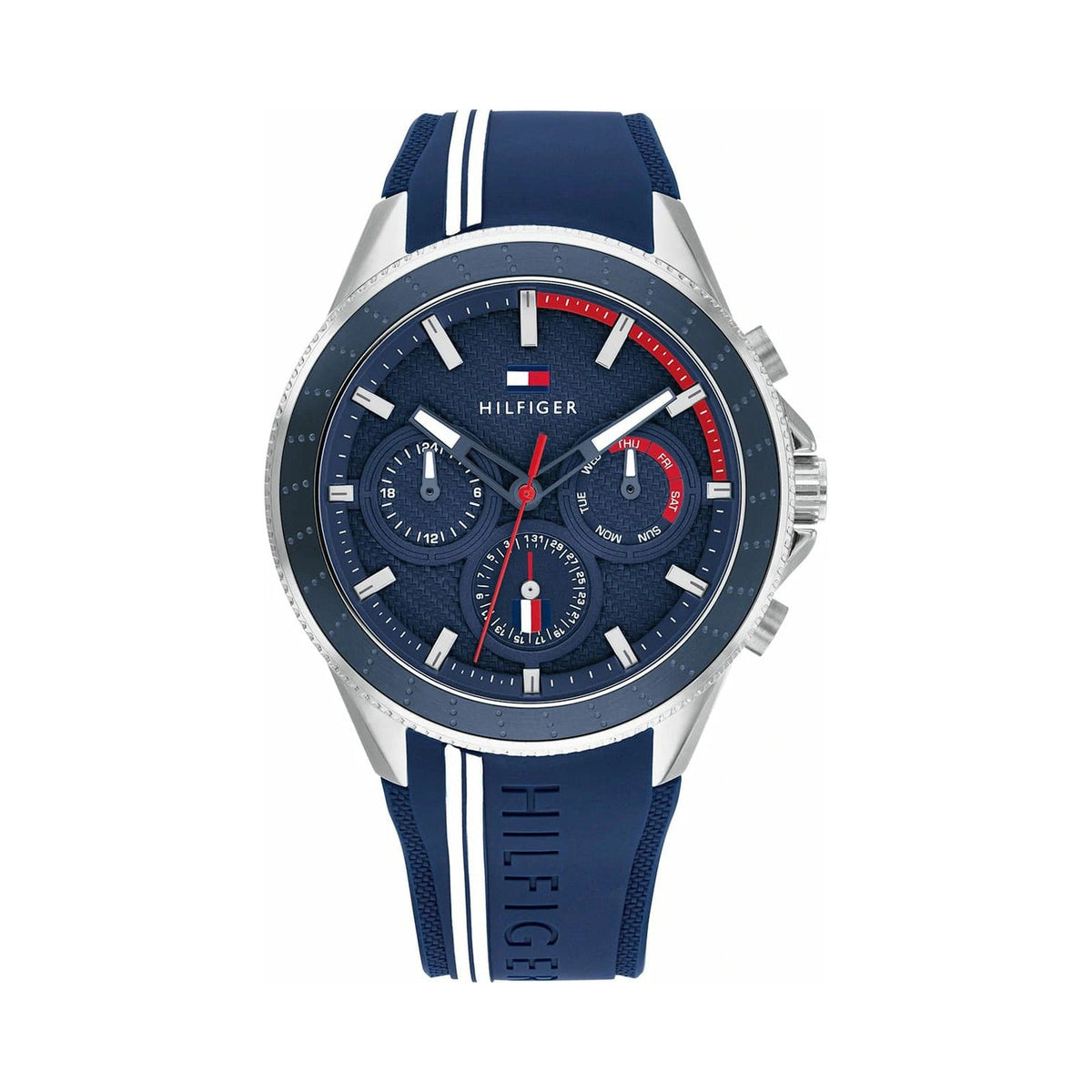 Tommy Hilfiger multifunction watch — navy dial, front view
